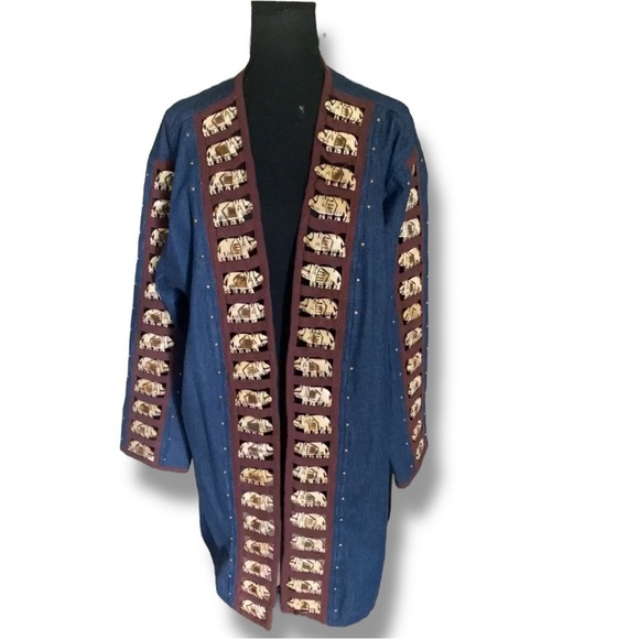Denim Maxi Coat Vintage w/Wooden Elephant Bone Inserts Blue Jean Women’s Large - Picture 1 of 13